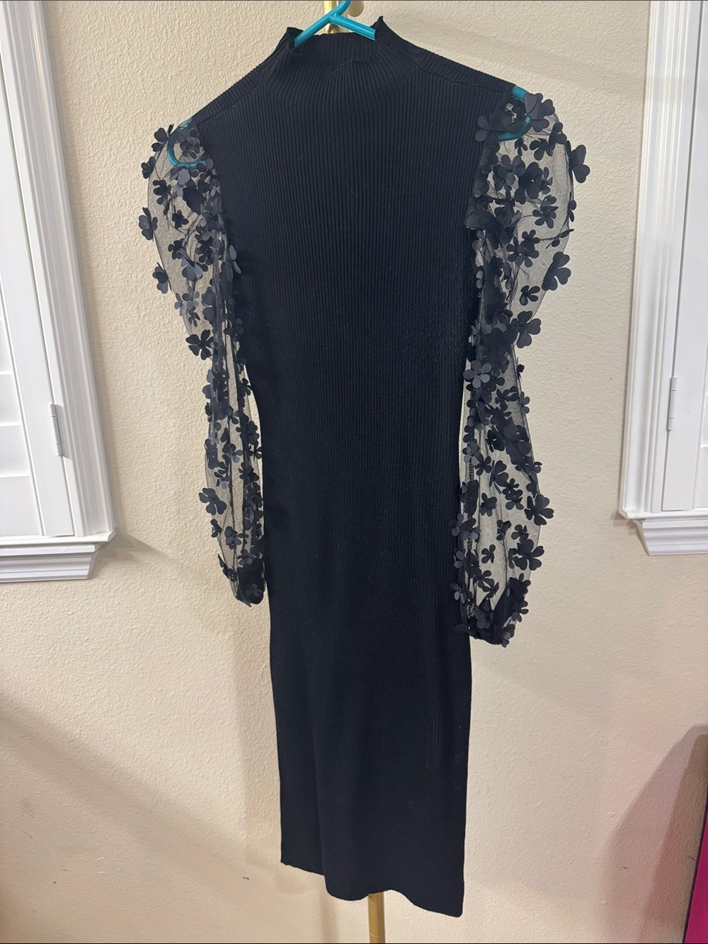 Almost Famous Black Floral-Applique Sheer Sleeve Midi Dress